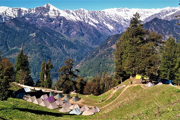 View of Himalayas and camping in Manali at Moridugh campsite